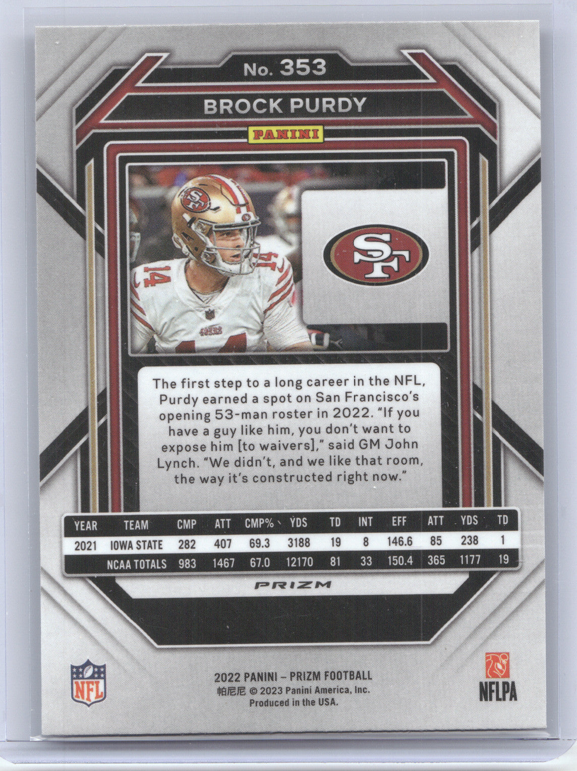 2022 Panini Prizm Brock Purdy #353 Red White Blue RC