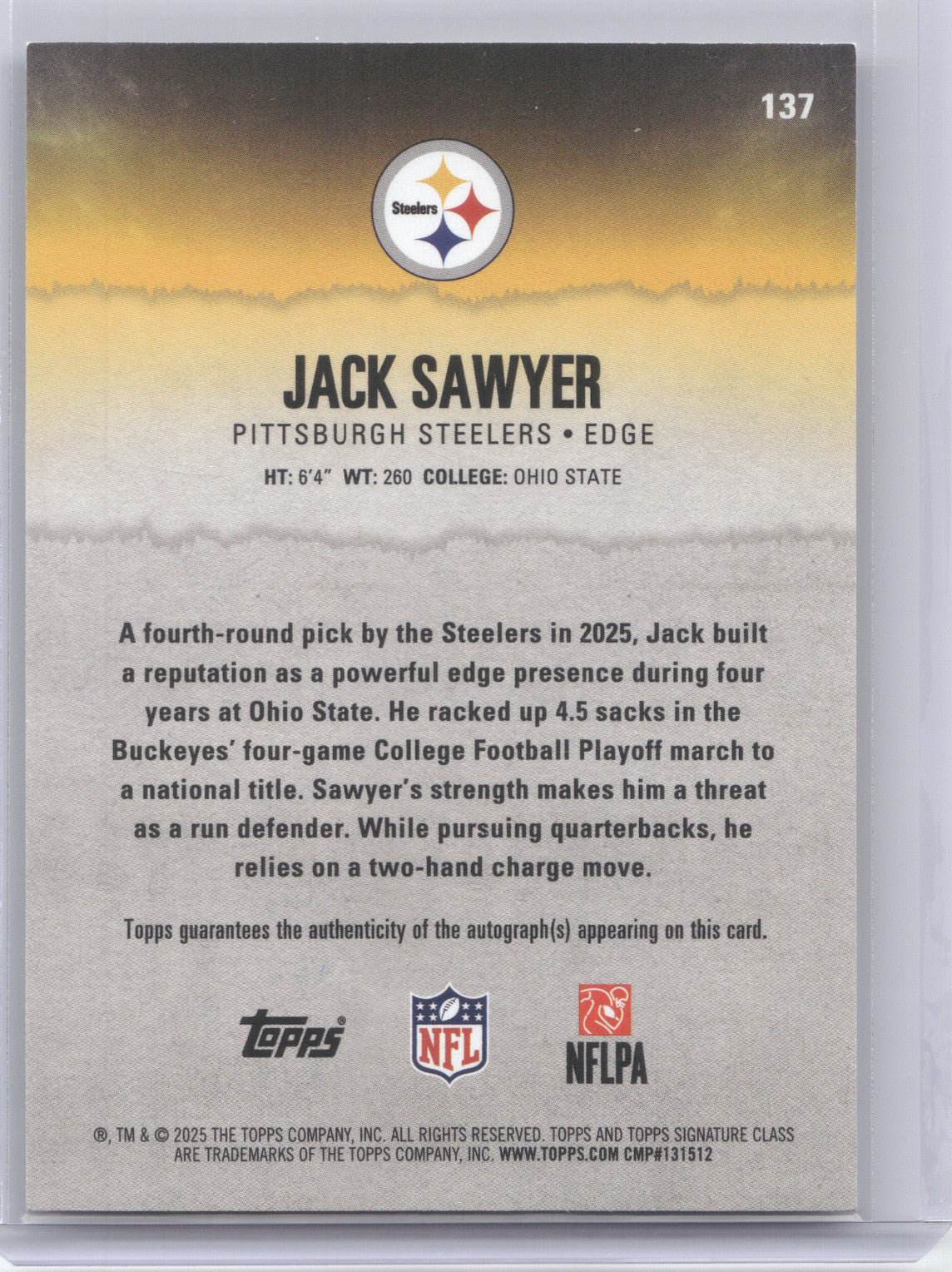 2025 Topps Signature Rookie Autographs Jack Sawyer #137 Orange 03/50 RC