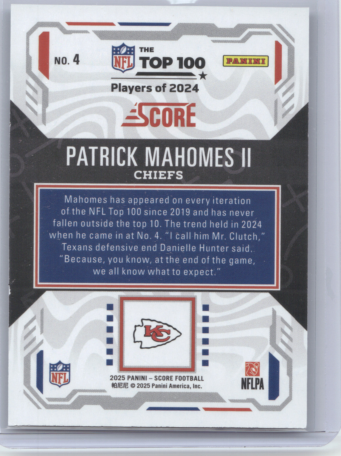 2025 Panini Score NFL Top 100 Patrick Mahomes II #4