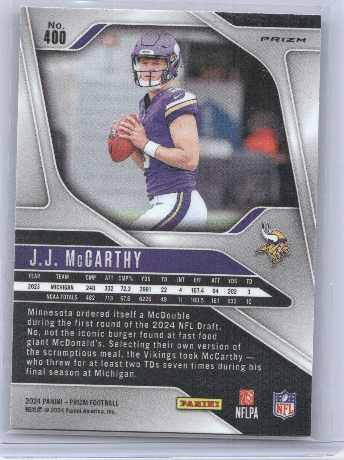 2024 Panini Prizm J.J. McCarthy #400 Silver RC