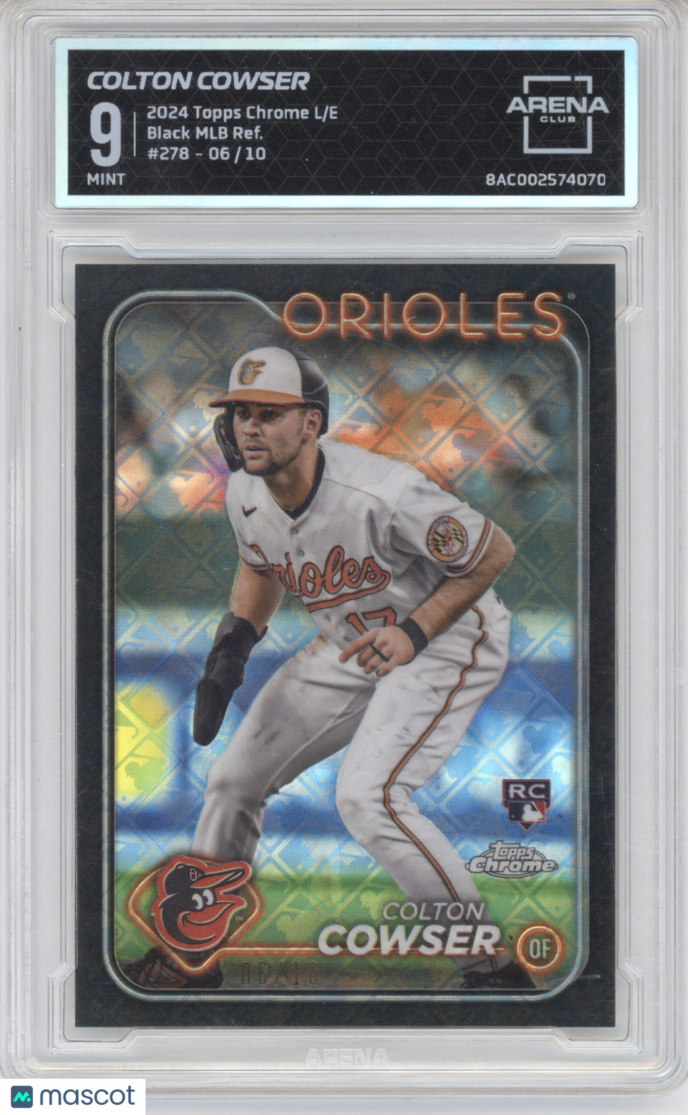 2024 Topps Chrome Colton Cowser #278 Black Logofractor 06/10 RC Arena Club 9
