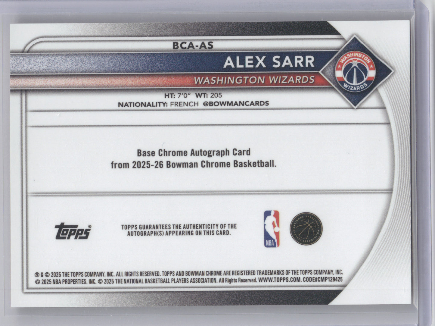 2025 Bowman Chrome Autograph Alex Sarr #BCA-AS Orange Refractor 12/25