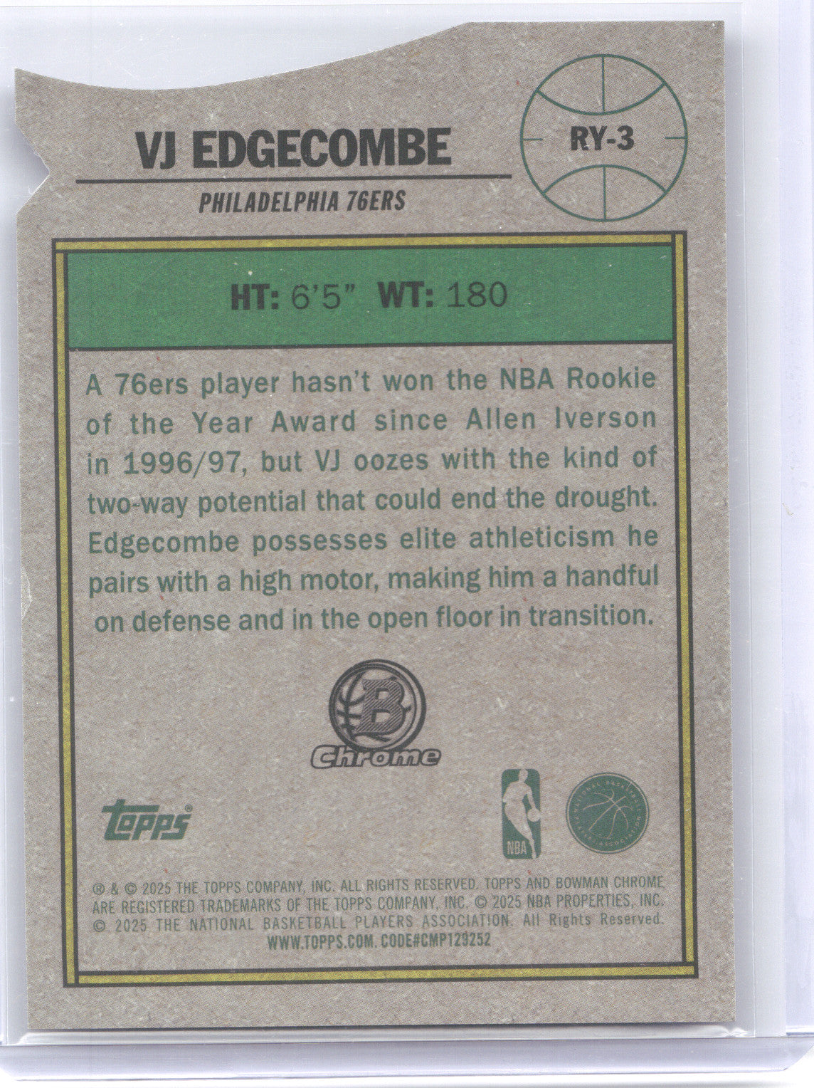 2025 Bowman Chrome ROY Favorites VJ Edgecombe #RY-3 Purple RC 023/250