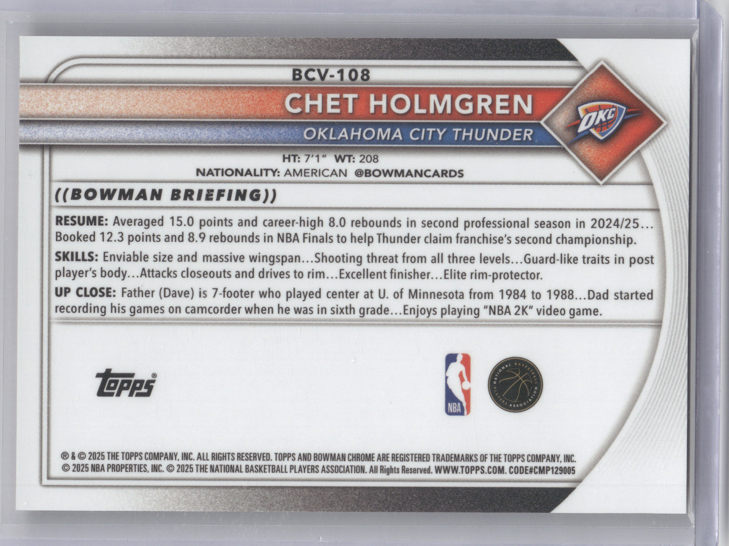 2025 Bowman Chrome U Chet Holmgren #BCV-108 Orange Sapphire