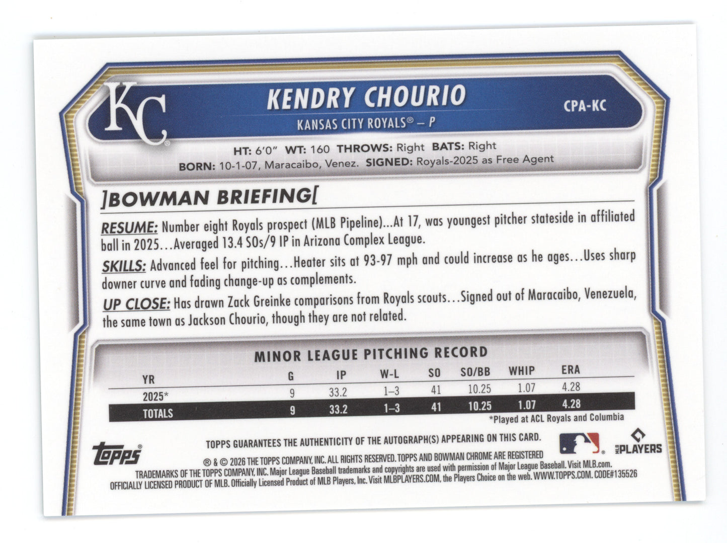2026 Bowman Chrome Prospect Autographs Kendry Chourio #CPA-KC Aqua Ref. 041/125