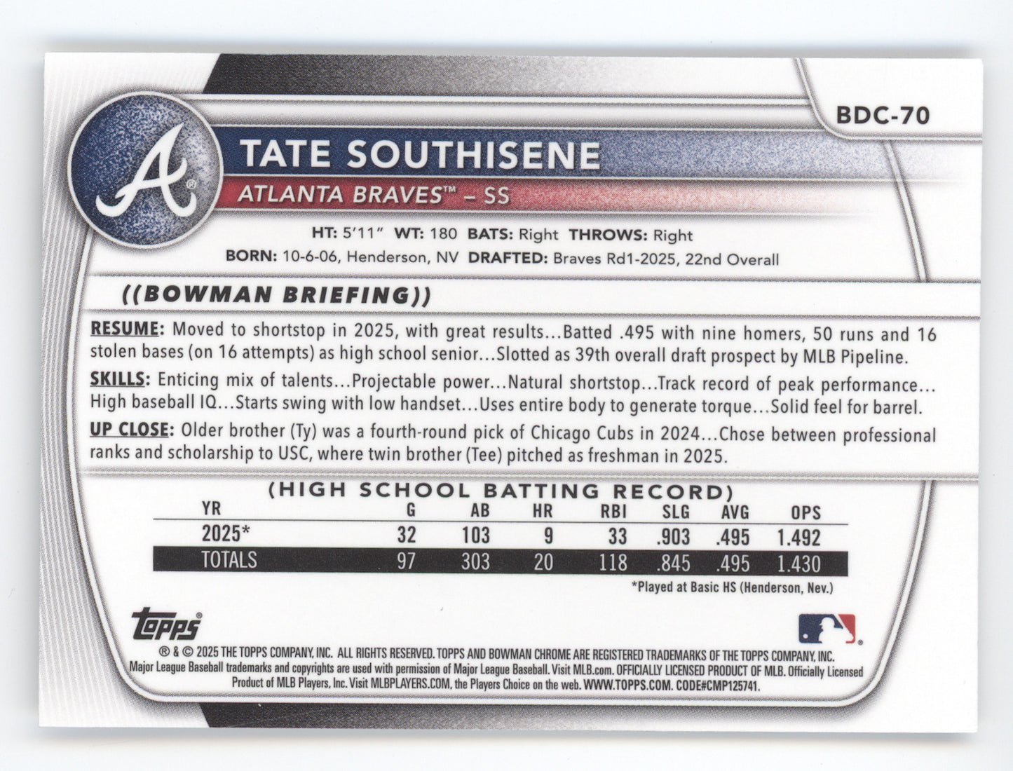 2025 Bowman Chrome Draft Tate Southisene #BDC-70 Etched In Glass