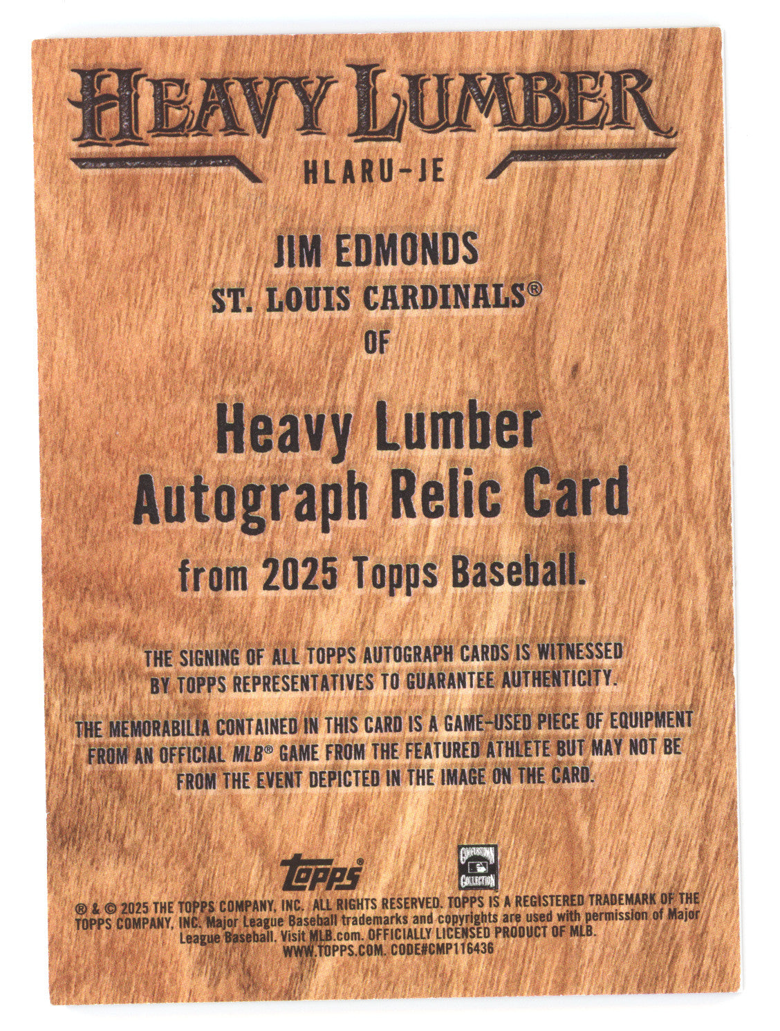 2025 Topps Heavy Lumber Autograph Relic Jim Edmonds #HLARU-JE