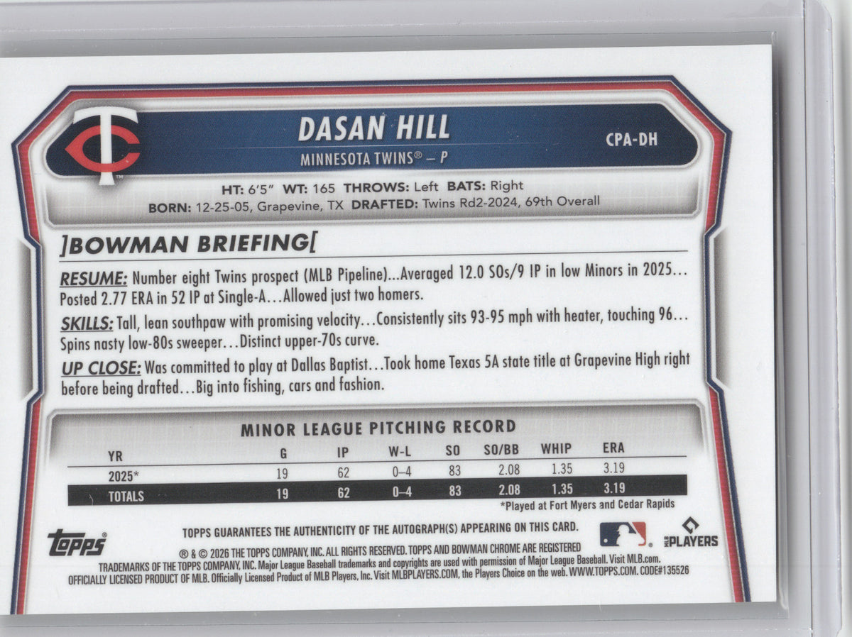2026 Bowman Chrome Prospect Autograph Dasan Hill #CPA-DH Yellow Refractor 07/75