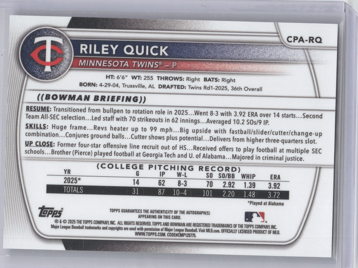 2025 Bowman Chrome Prospect Autograph Riley Quick #RQ Purple Refractor 225/250