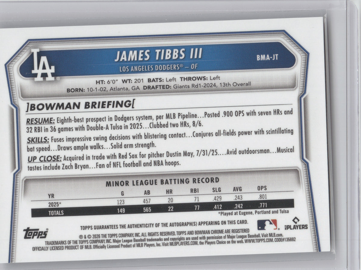 2026 Bowman Chrome Prospect Autograph James Tibbs III #BMA-JT Mojo
