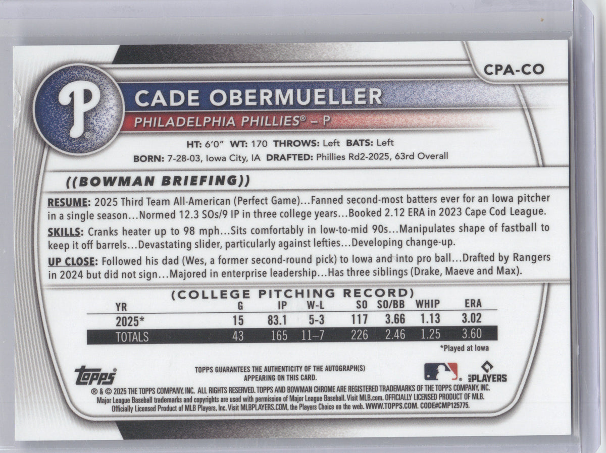 2025 Bowman Chrome Prospect Autograph Cade Obermueller #CPA-CO Blue Wave 051/150