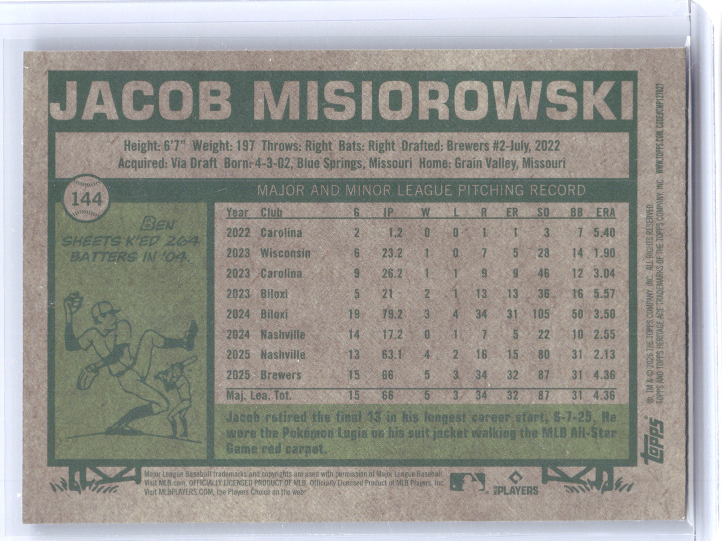 2026 Topps Heritage Jacob Misiorowski #144 Blue Border Chrome 034/150 RC