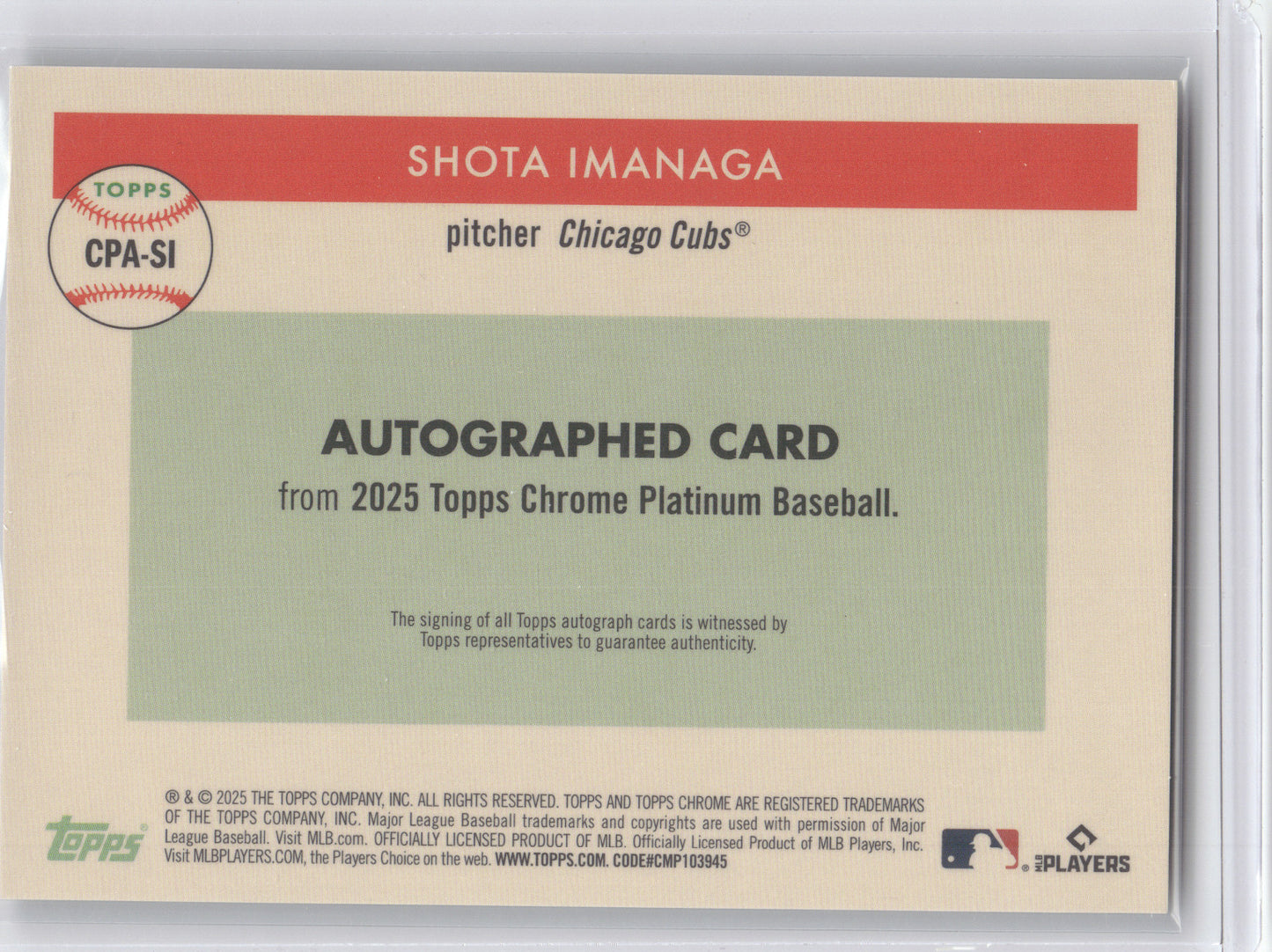 2025 Topps Chrome Platinum Autographs Shota Imanaga #CPA-SI Gold 49/50
