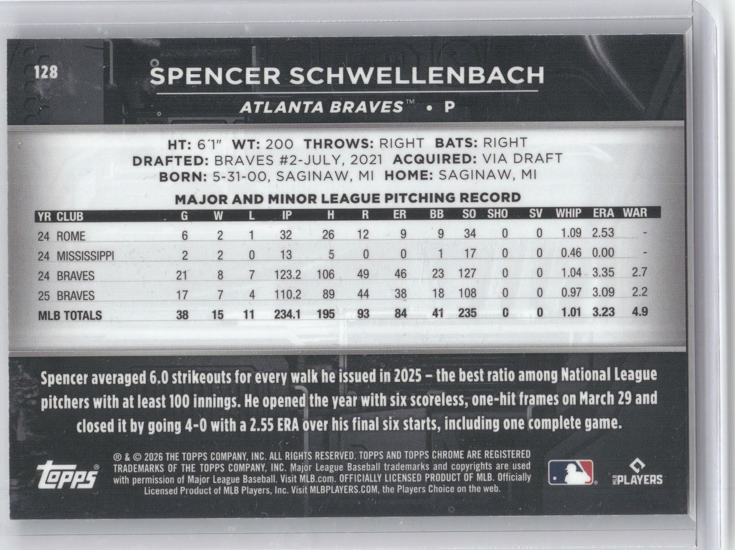 2026 Topps Chrome Black Spencer Schwellenbach #128 Rose Gold Mini-Diamond 05/10