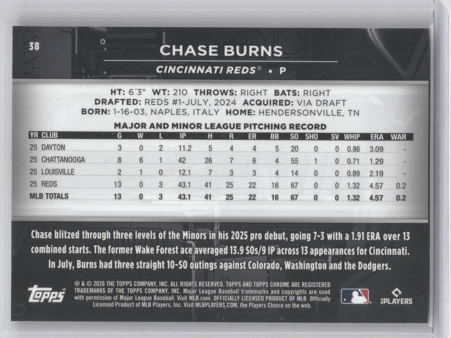 2026 Topps Chrome Black Chase Burns #38 Orange Mini-Diamonds 18/25 RC