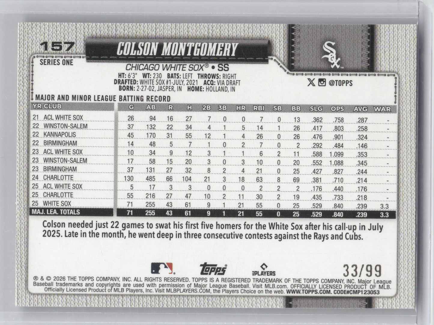 2026 Topps Colson Montgomery #157 Green 33/99 RC