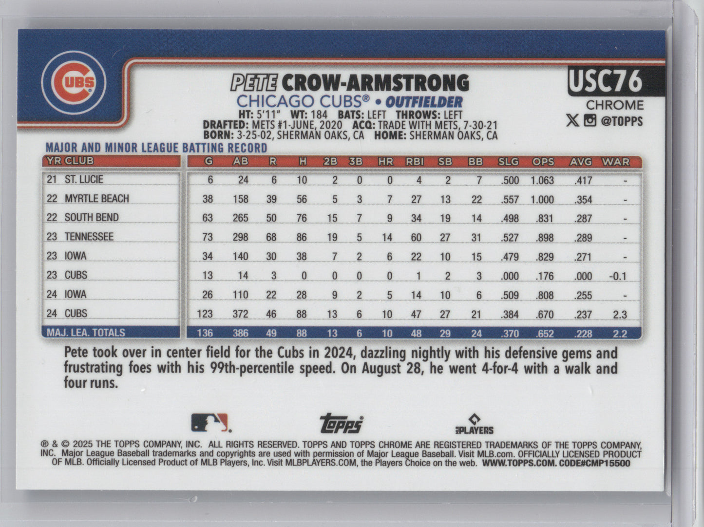 2025 Topps Chrome Pete Crow-Armstrong #USC76 Blue 026/150