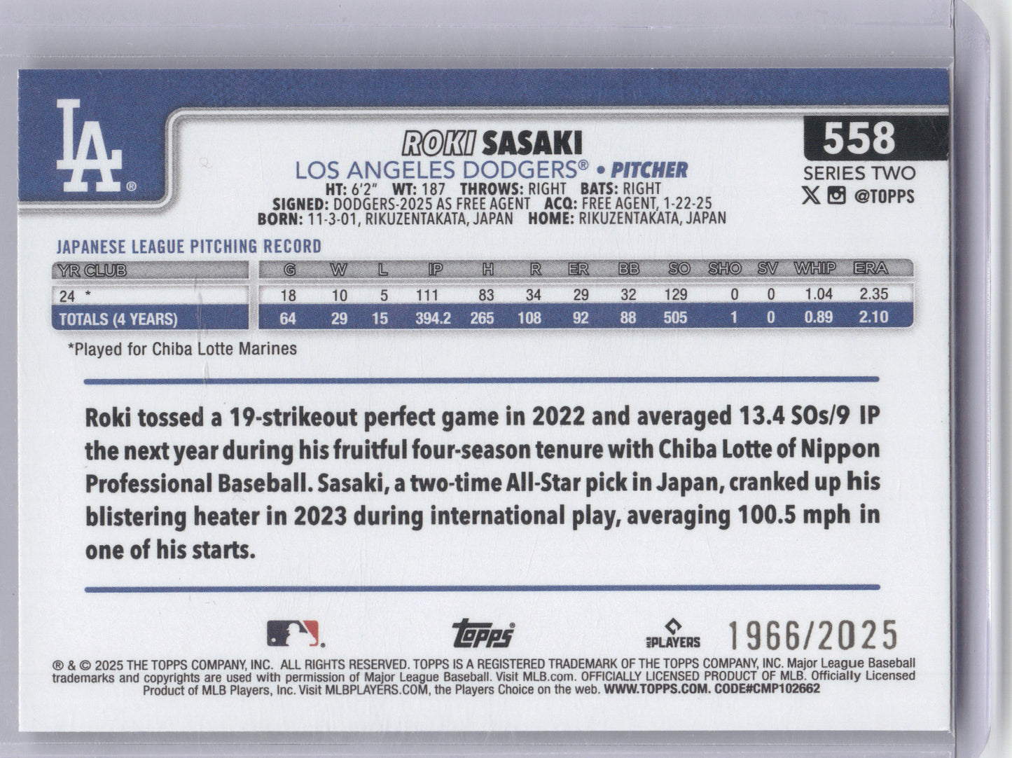 2025 Topps Roki Sasaki #558 Gold 1966/2025 RC