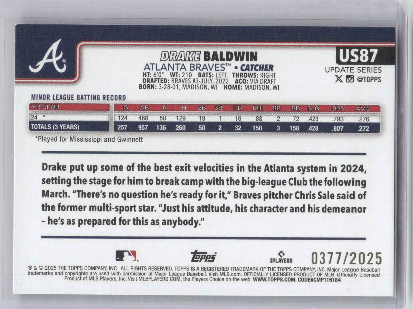 2025 Topps Drake Baldwin #US87 Gold 0377/2025 RC