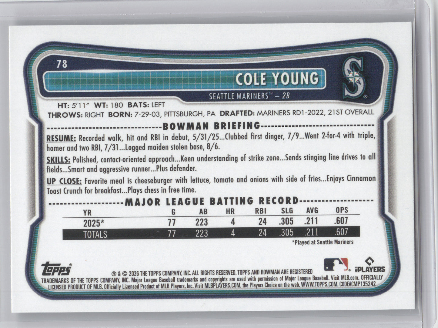 2026 Bowman Cole Young #78 Logo Pattern RC