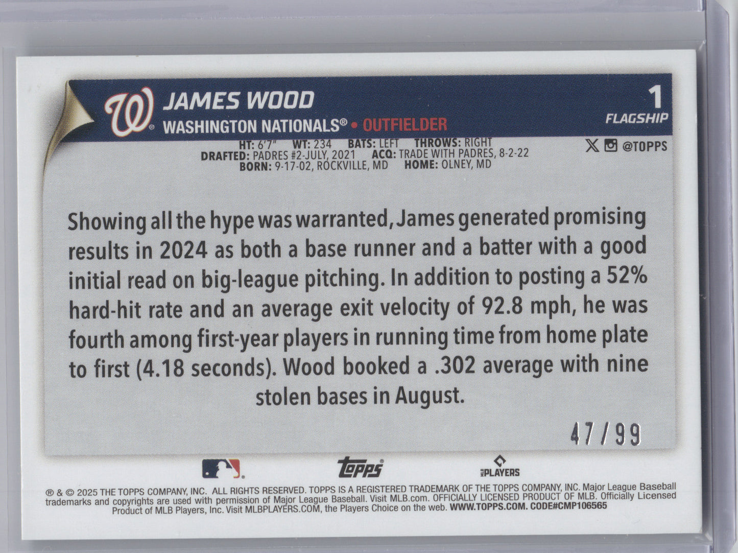 2025 Topps James Wood #1 Green 47/99 RC