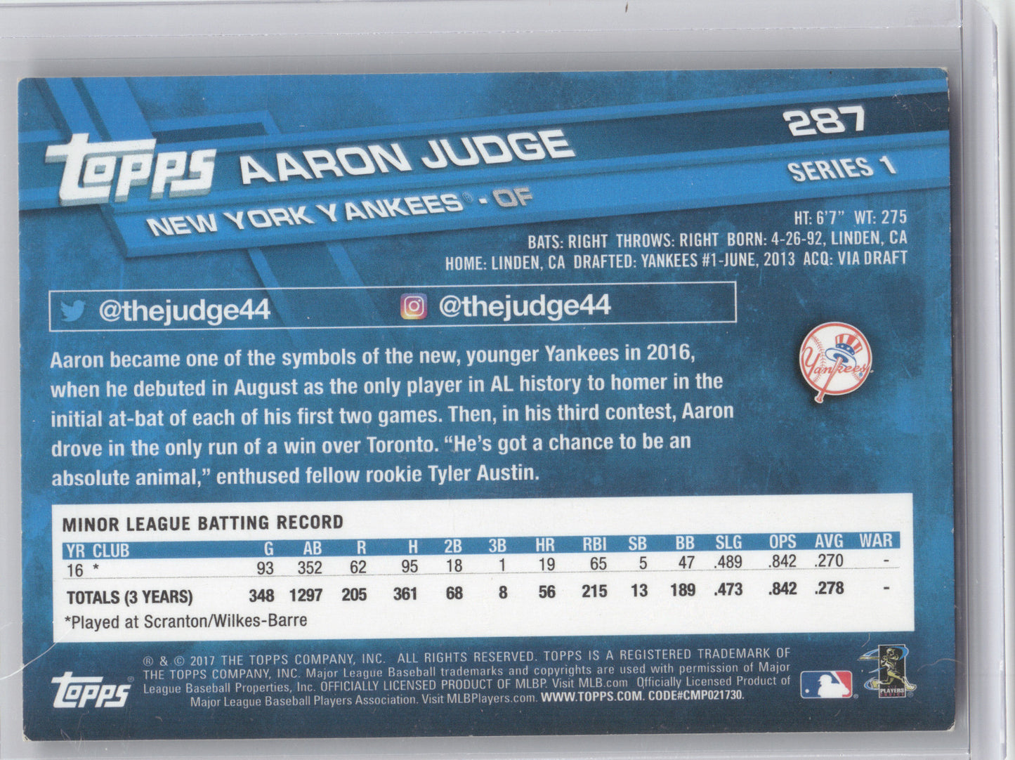 2017 Topps Series 1 Aaron Judge #287 RC