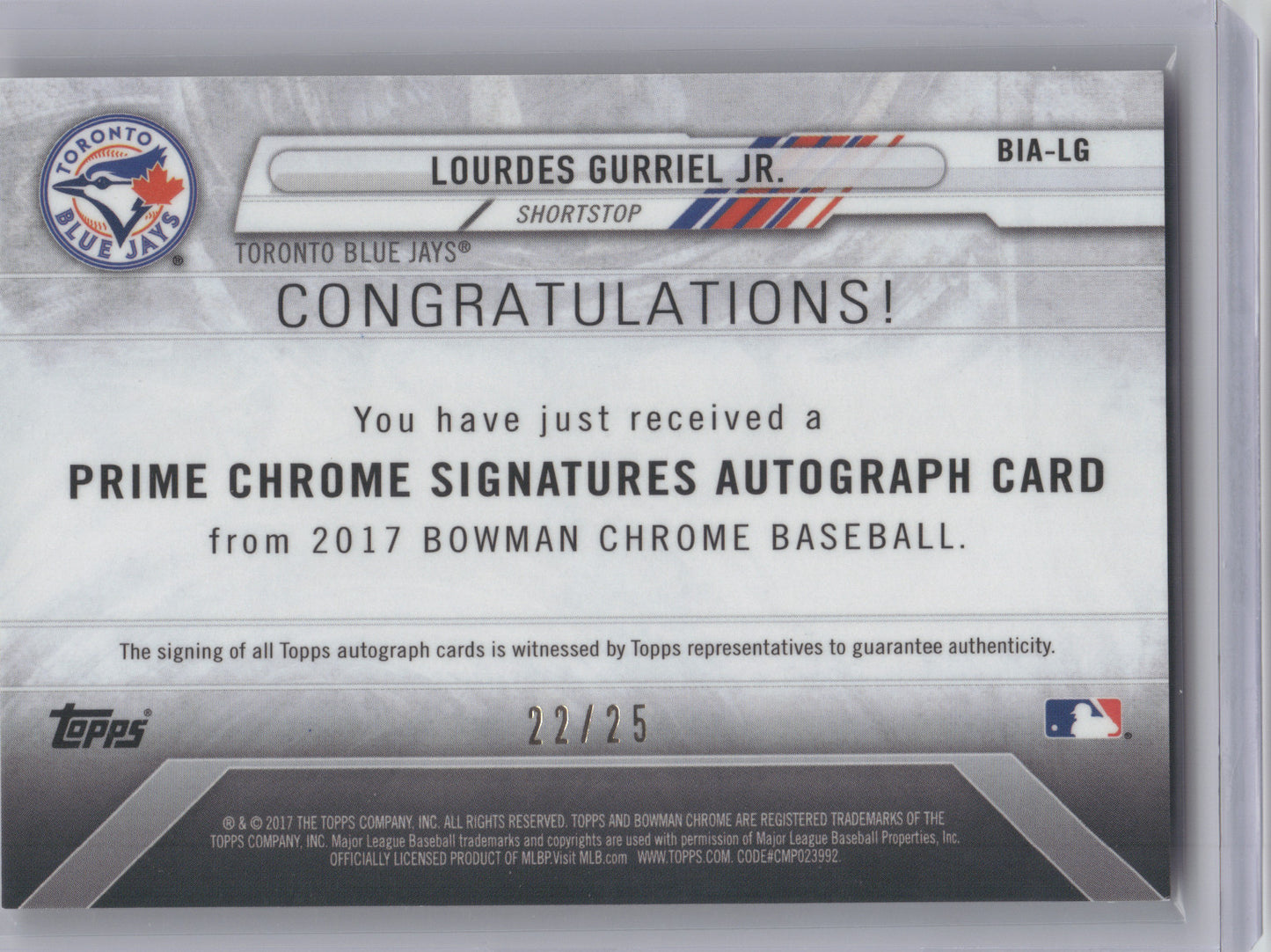 2017 Bowman Chrome Prime Signatures Lourdes Gurriel Jr. #BIA-LG Orange 22/25