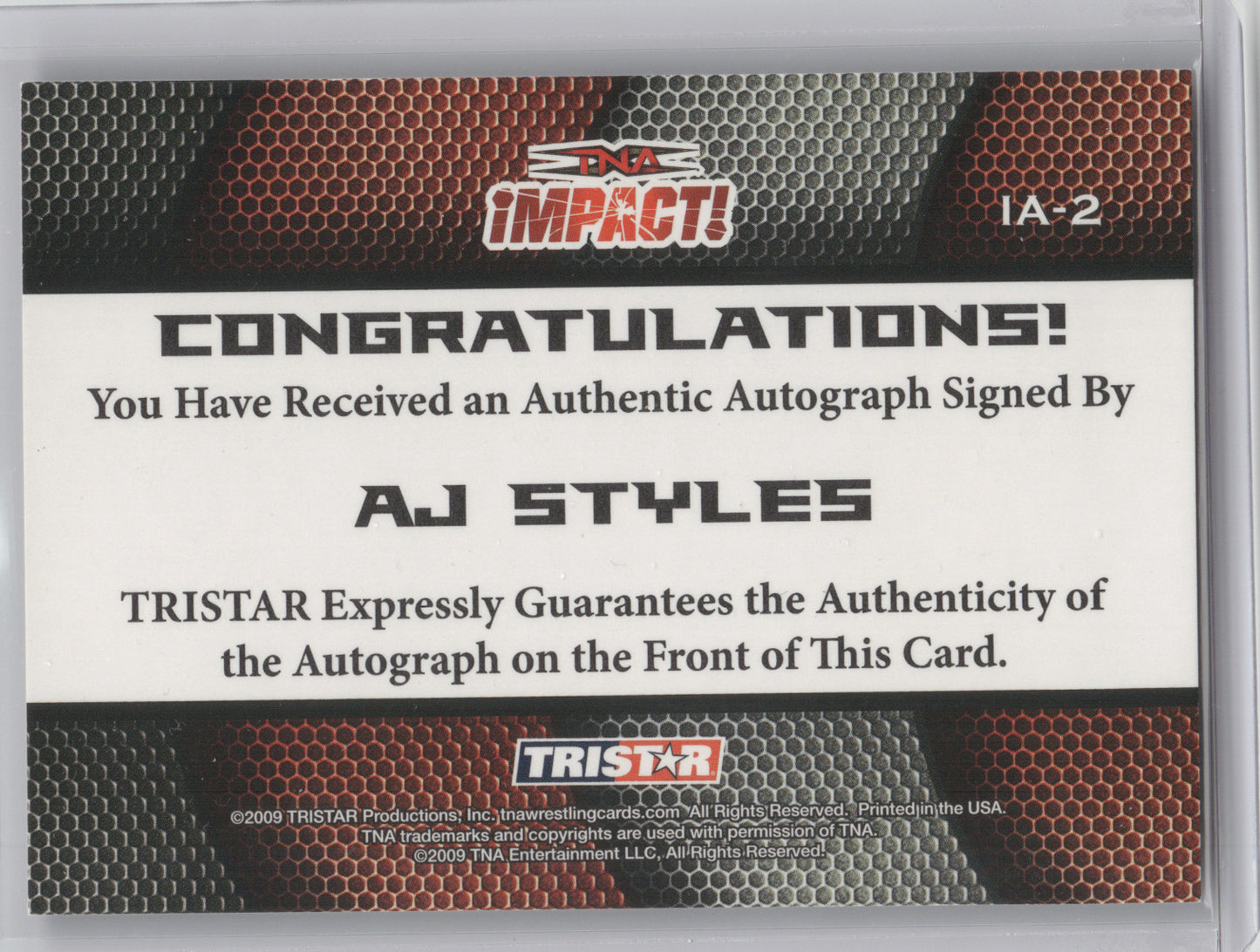 2009 TRISTAR TNA IMPACT! AJ Styles #IA-2 Autograph