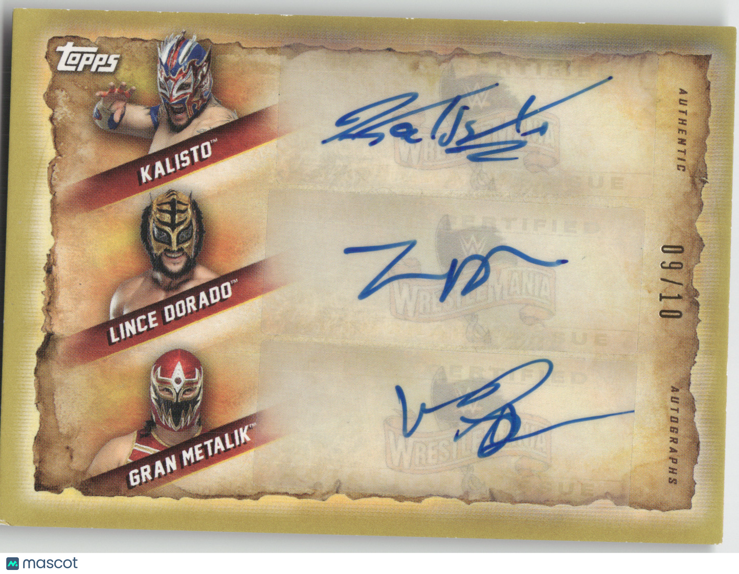2020 Topps WWE Kalisto/Lince Dorado/Gran Metalik Gold 9/10 Triple Autograph Card