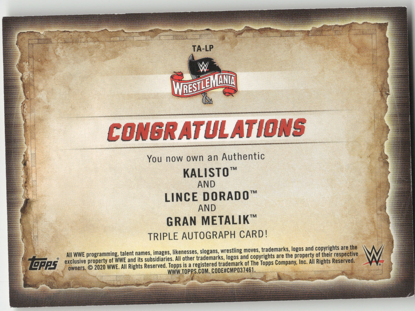 2020 Topps WWE Kalisto/Lince Dorado/Gran Metalik Gold 9/10 Triple Autograph Card