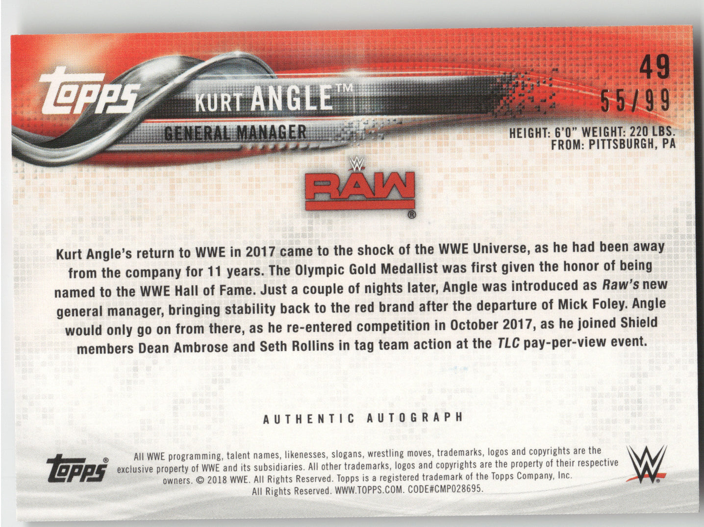 2018 Topps WWE Raw Kurt Angle 55/99 #49