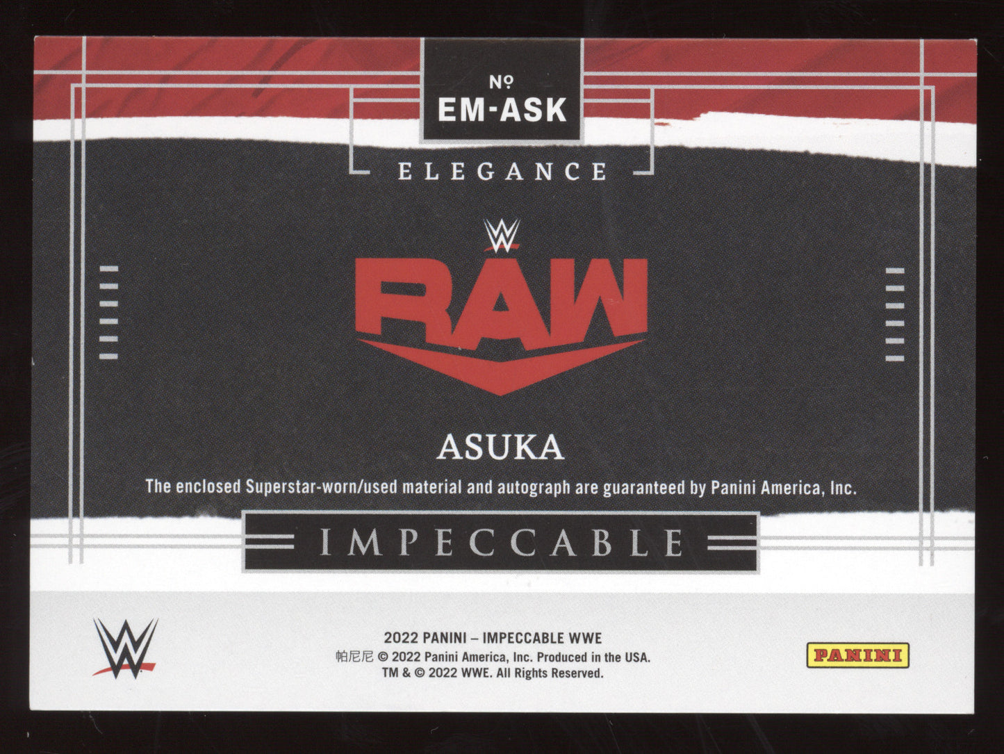 2022 Panini Impeccable Elegance Asuka #EM-ASK Superstar-worn/used material 06/25