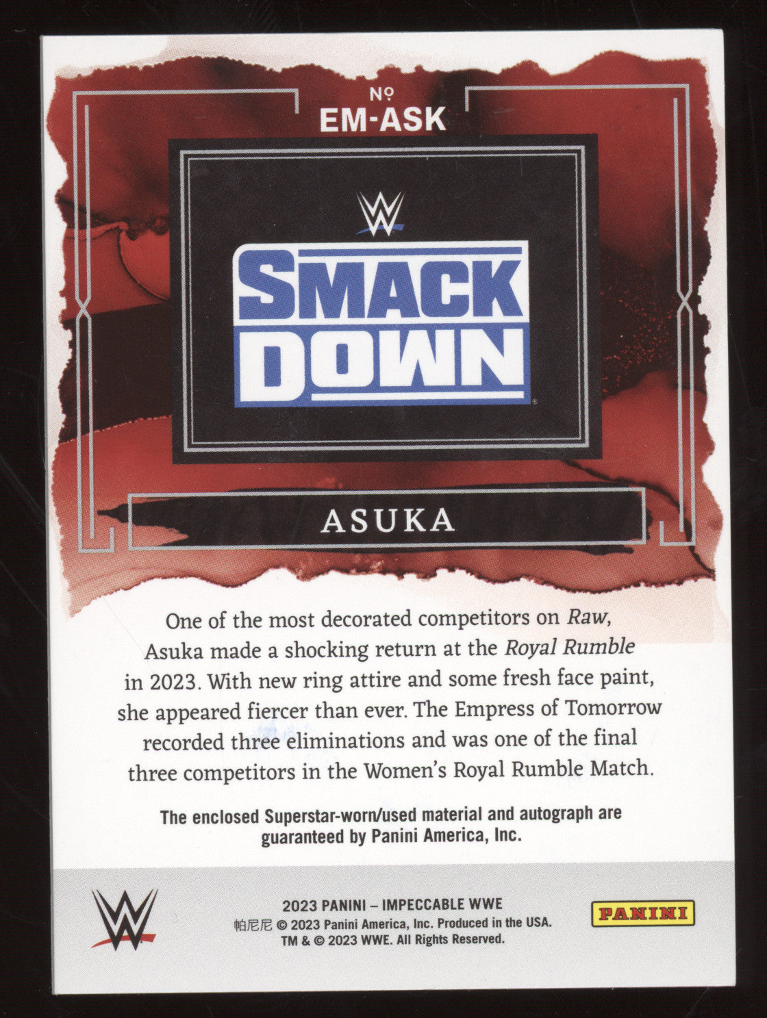 2023 Panini Impeccable WWE Elegance Asuka #EM-ASK Autograph 36/75 Superstar-worn