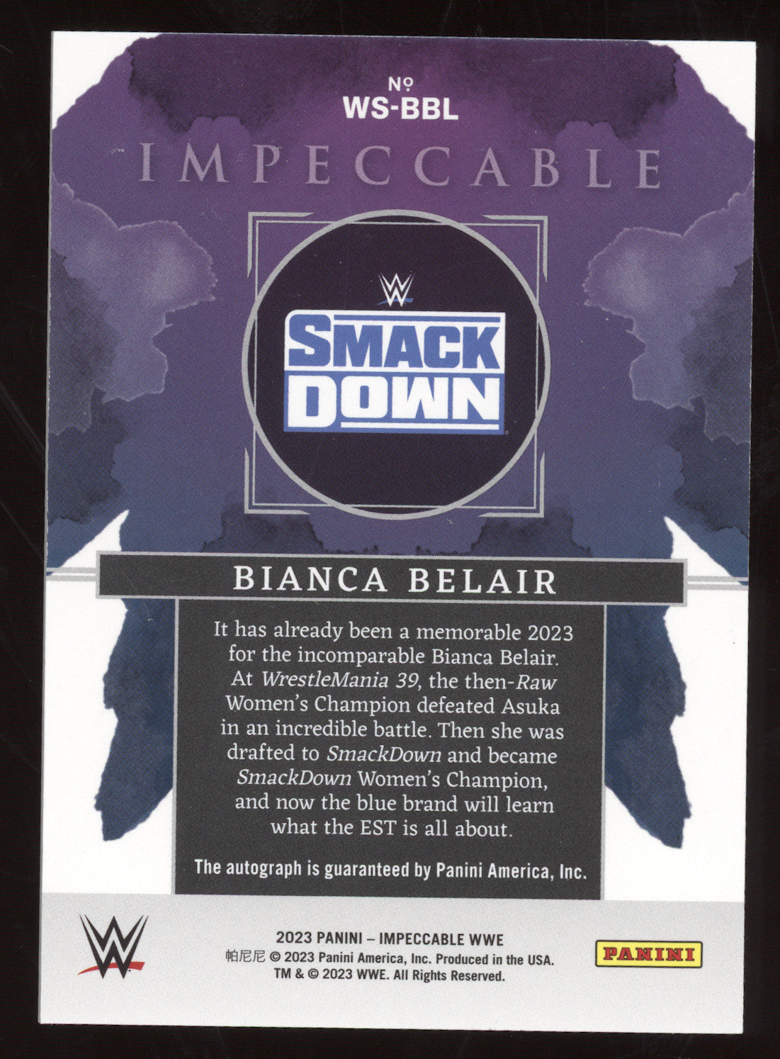 2023 Panini Impeccable WWE Watercolor Signatures Bianca Belair #WS-BBL 11/49