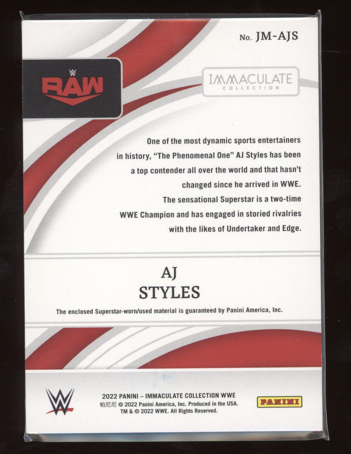 2022 Panini Immaculate Collection AJ Styles #JM-AJS Superstar-worn 24/50 Shirt