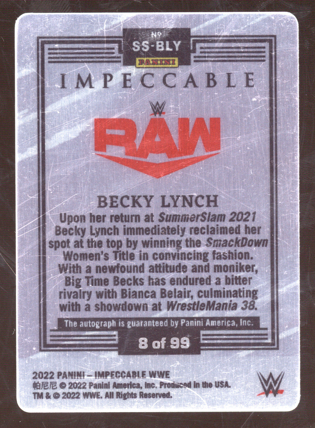 2022 Panini Impeccable WWE Stainless Stars Becky Lynch #SS-BLY Metal Card