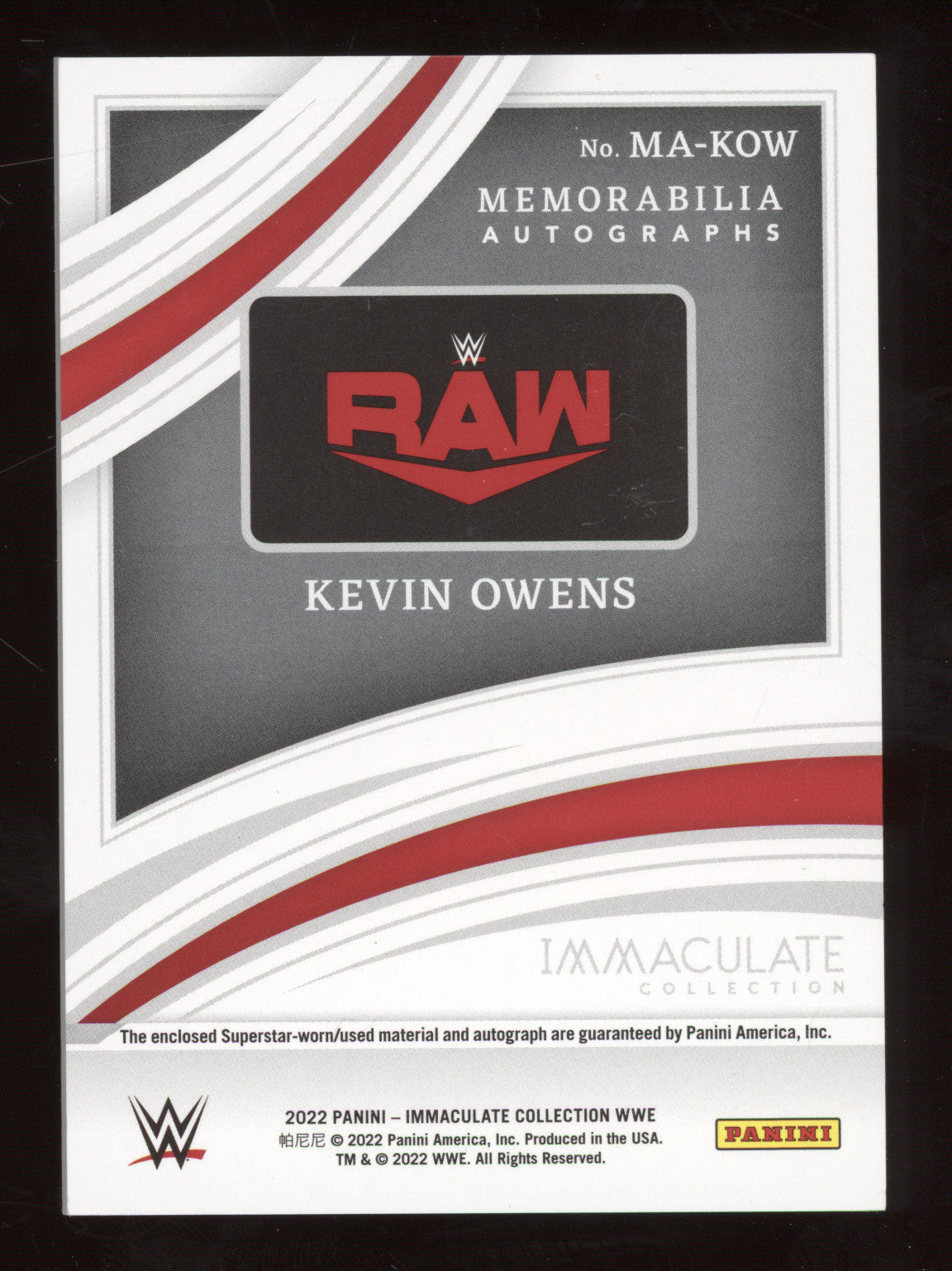 2022 Panini Immaculate Collection Kevin Owens #MAKOW Autograph 17/25 Memorabilia