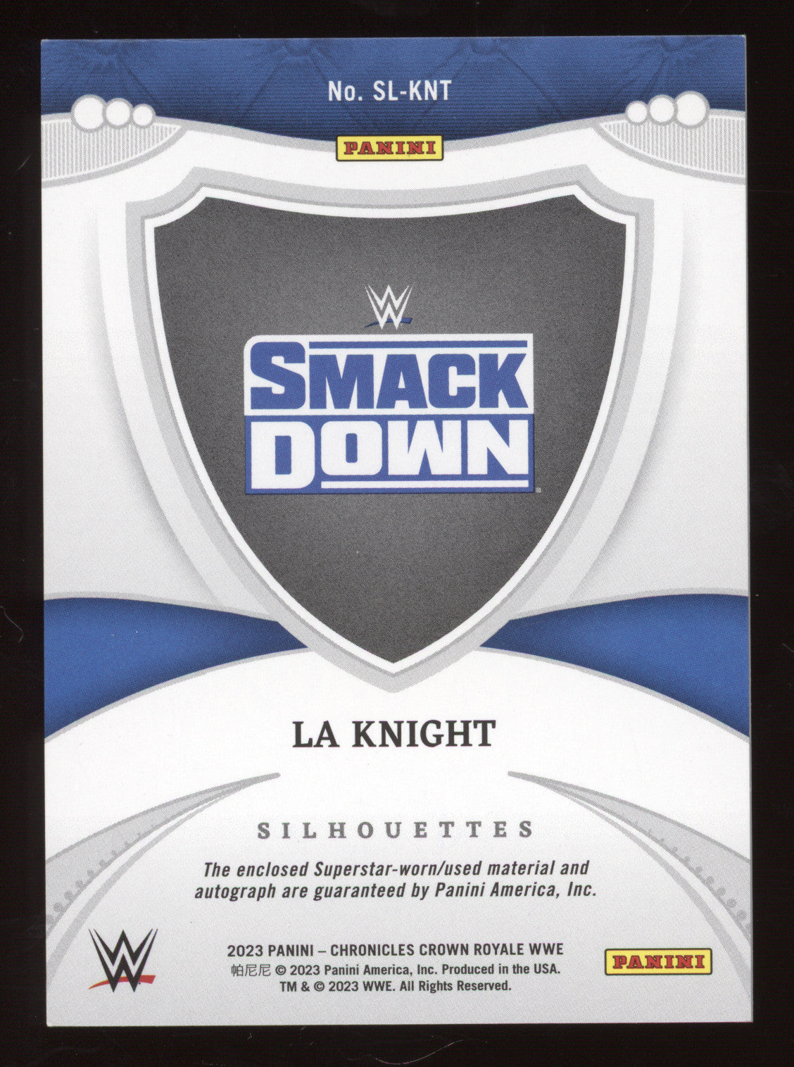 2023 Panini Chronicles Crown Royale Silhouettes LA Knight 18/99 Superstar-worn