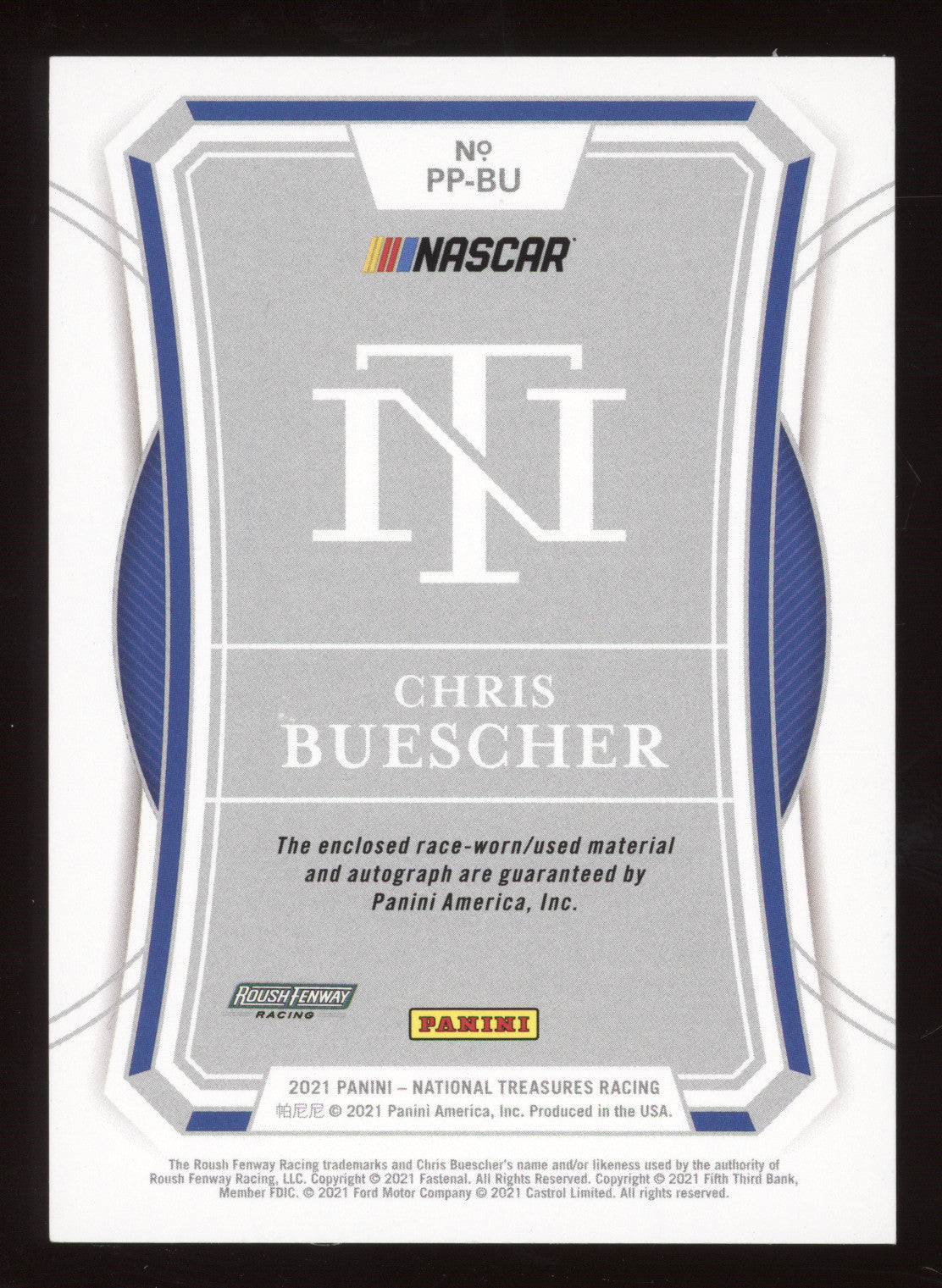 2021 Panini National Treasures Premium Patches Chris Buescher 08/15 Race-worn