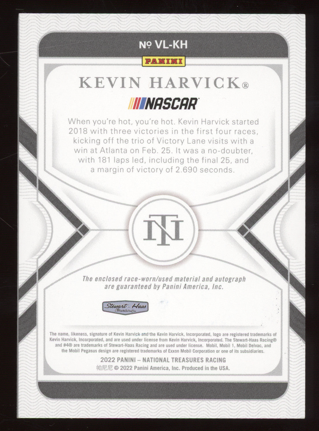 2022 Panini National Treasures Victory Lane Kevin Harvick #VL-KH 03/12 Race-Worn
