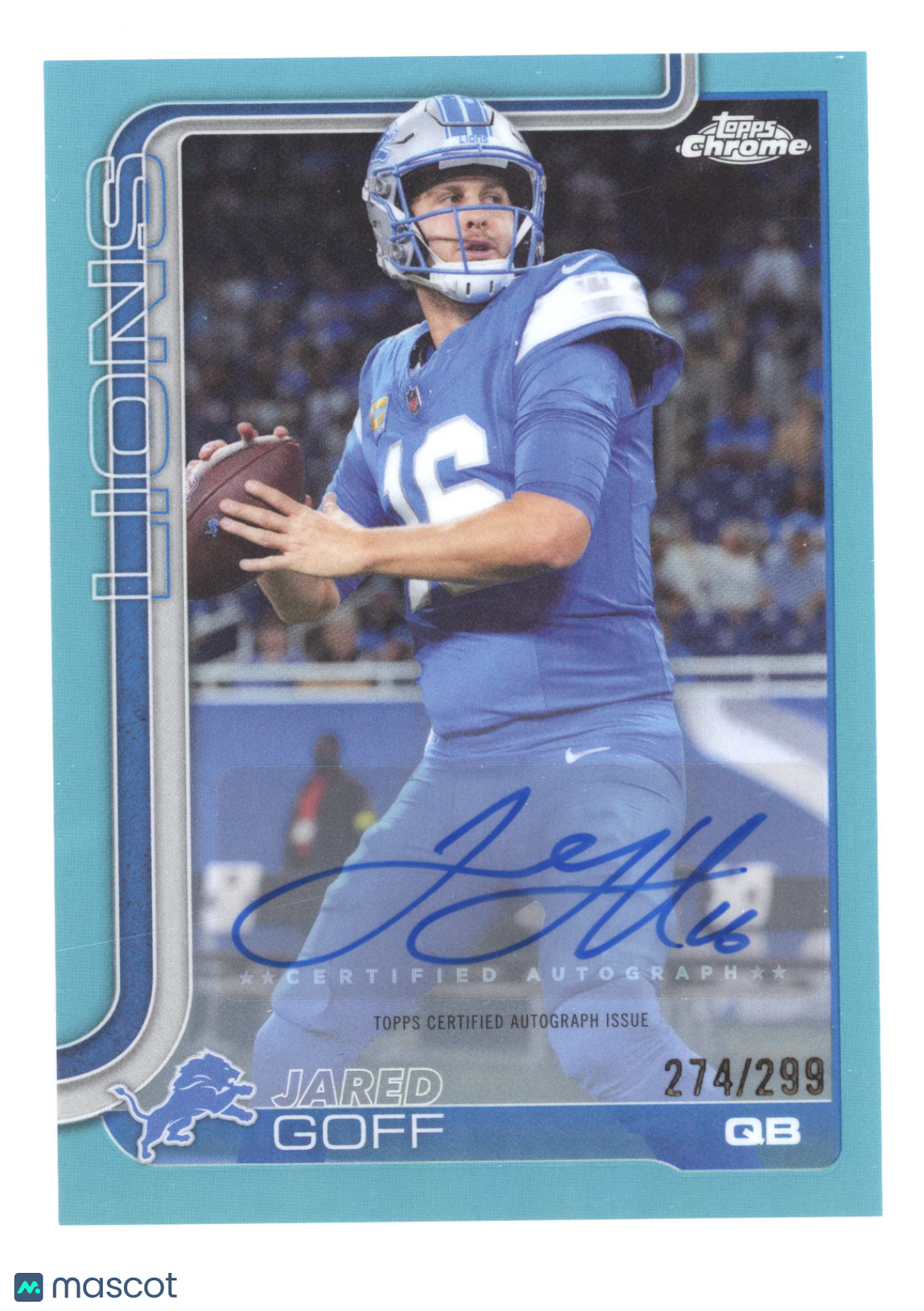 2025 Topps Chrome Autograph Jared Goff #BA-JGO Teal Refractor 274/299