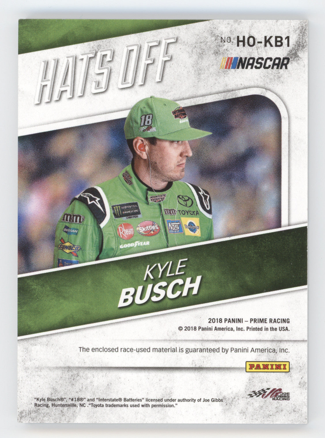 2018 Panini Prime Racing Hats Off Kyle Busch #HO-KB1 Eyelets 6/6 Race-Used
