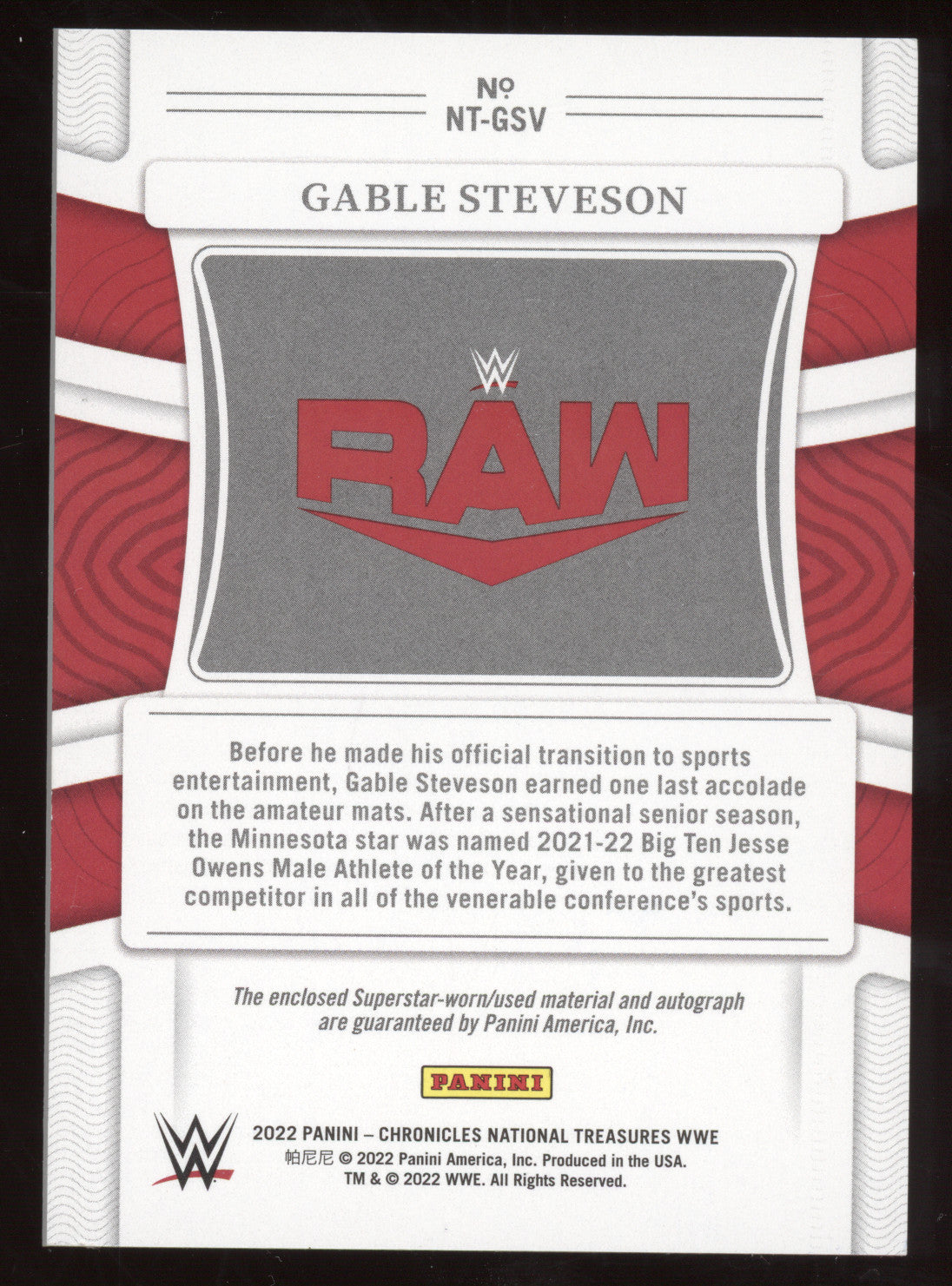 2022 Panini Chronicles National Treasures WWE Gable Steveson #NT-GSV RPA 12/49