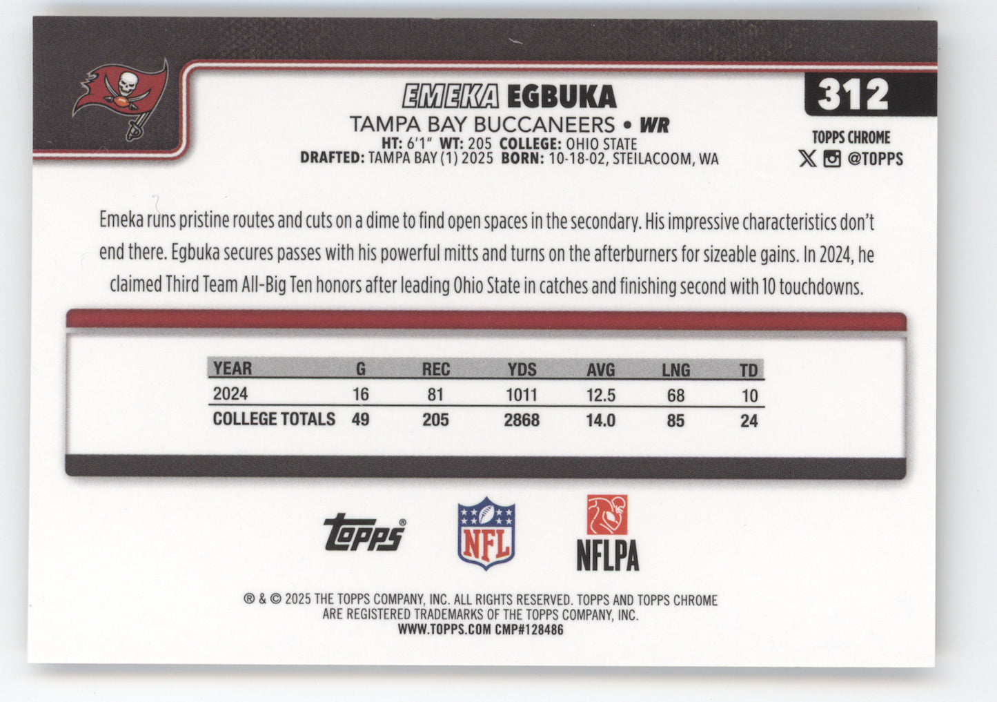 2025 Topps Chrome Emeka Egbuka #312 Gold Geometric RC 15/50