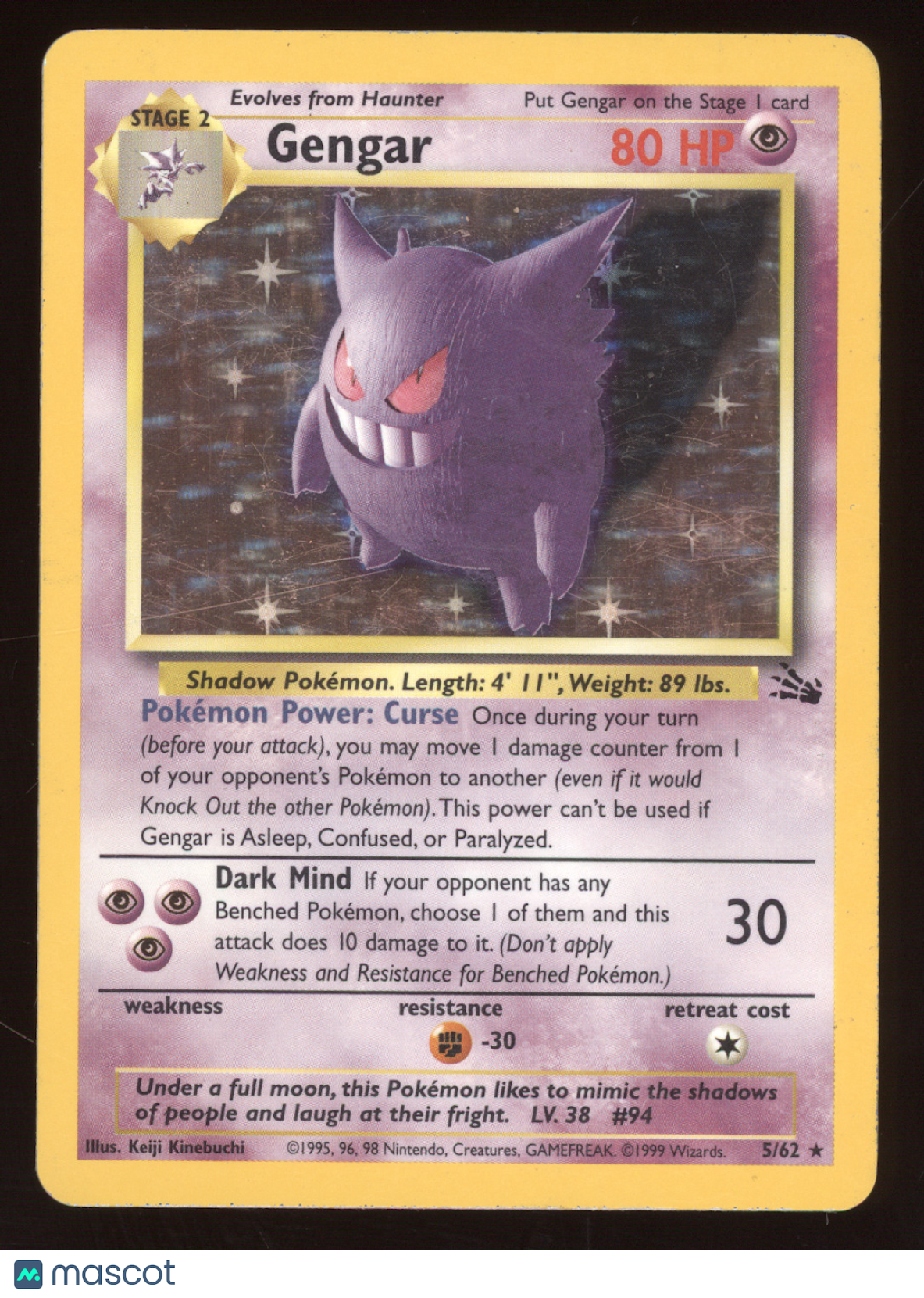 1999 Pokemon Fossil Gengar Holo Rare #5/62