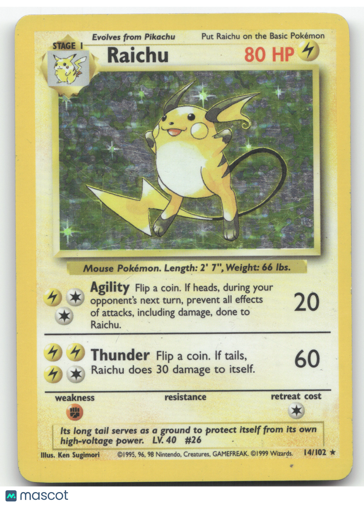 1999 Base Set Raichu Holo Rare #14/102
