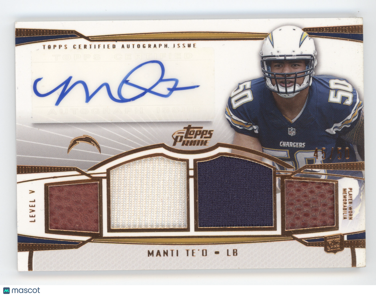 2013 Topps Prime Manti Te'o #PV-MT 45/50 Prime V Autograph Relic