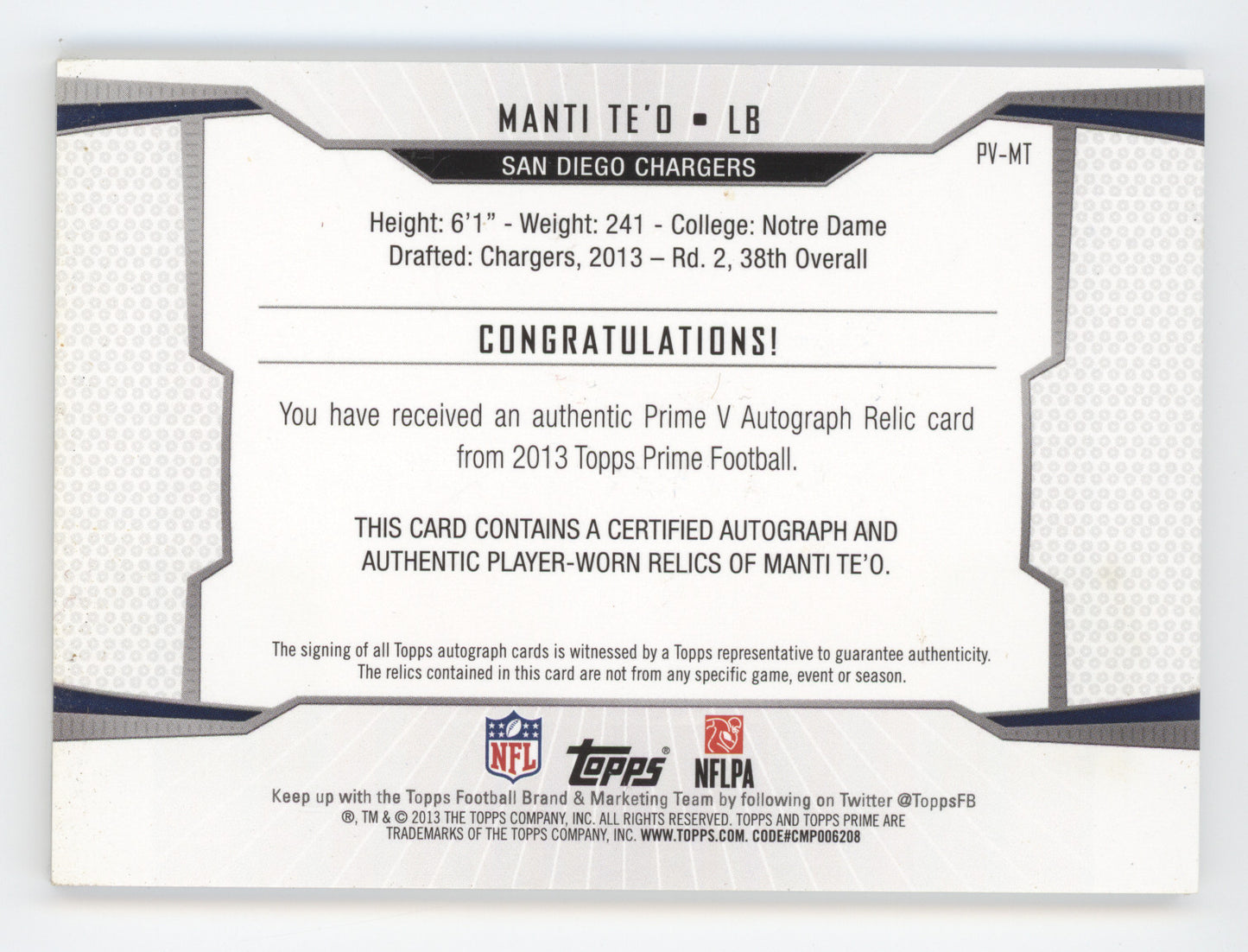2013 Topps Prime Manti Te'o #PV-MT 45/50 Prime V Autograph Relic