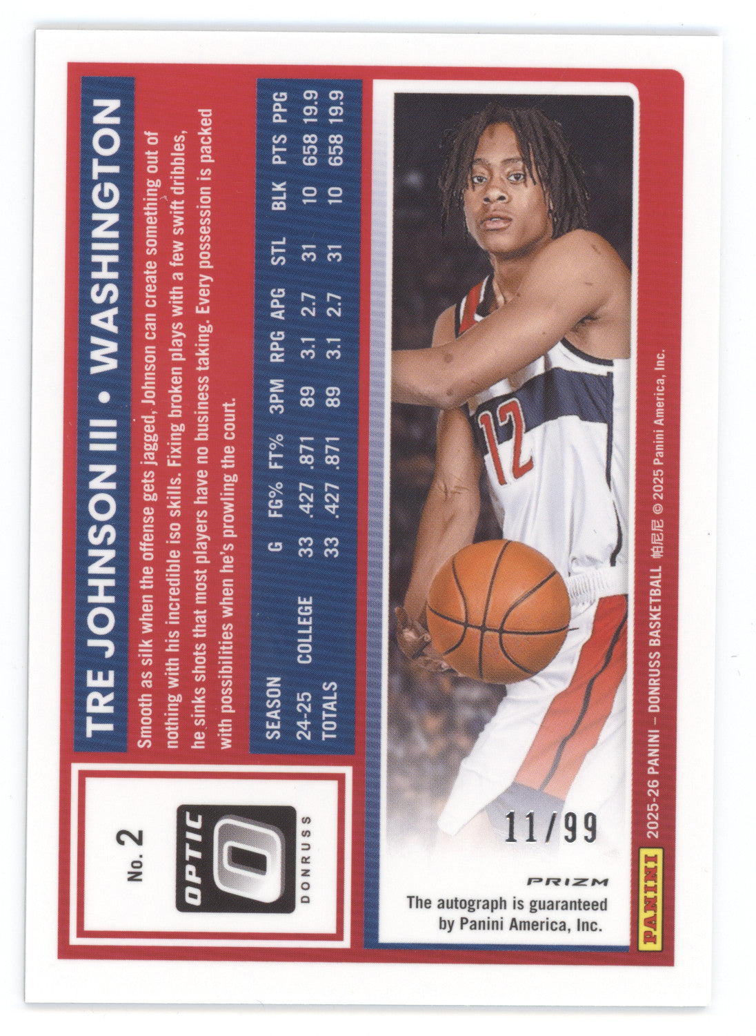 2025 Donruss Optic Rated Rookie Tre Johnson III #2 Holo Optic Autograph