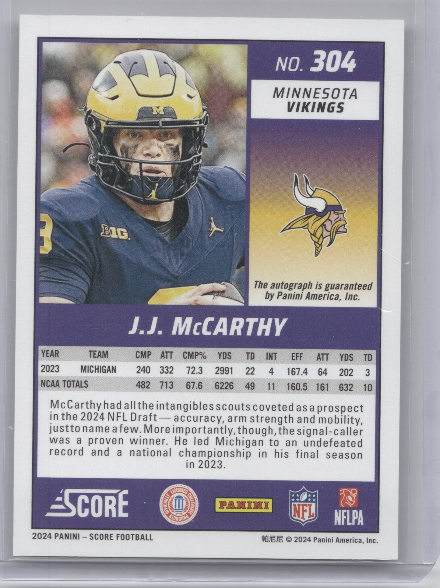 2024 Panini Score Rookie Autograph J.J. McCarthy #304 RC